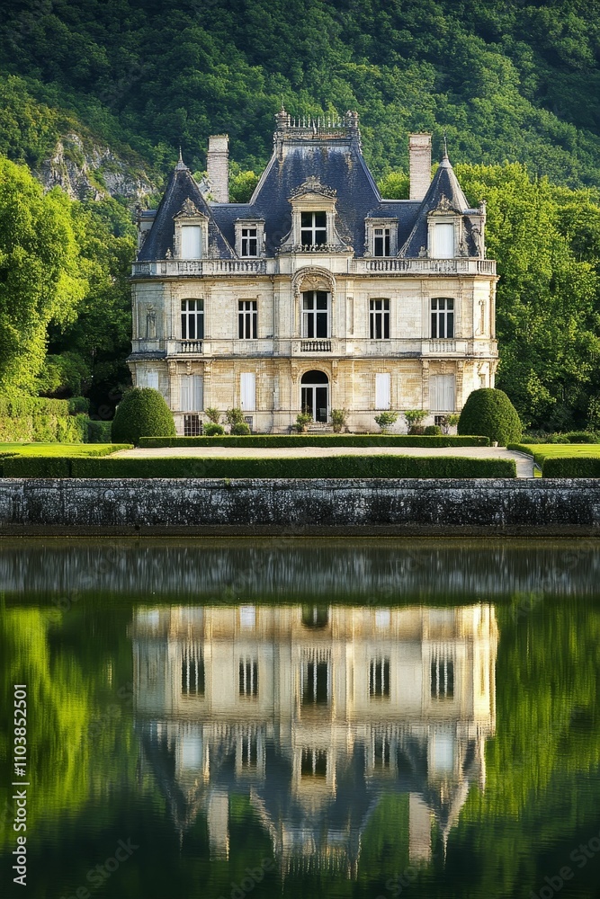 Grand chateau reflected in tranquil water. Grand chateau reflected in tranquil water.