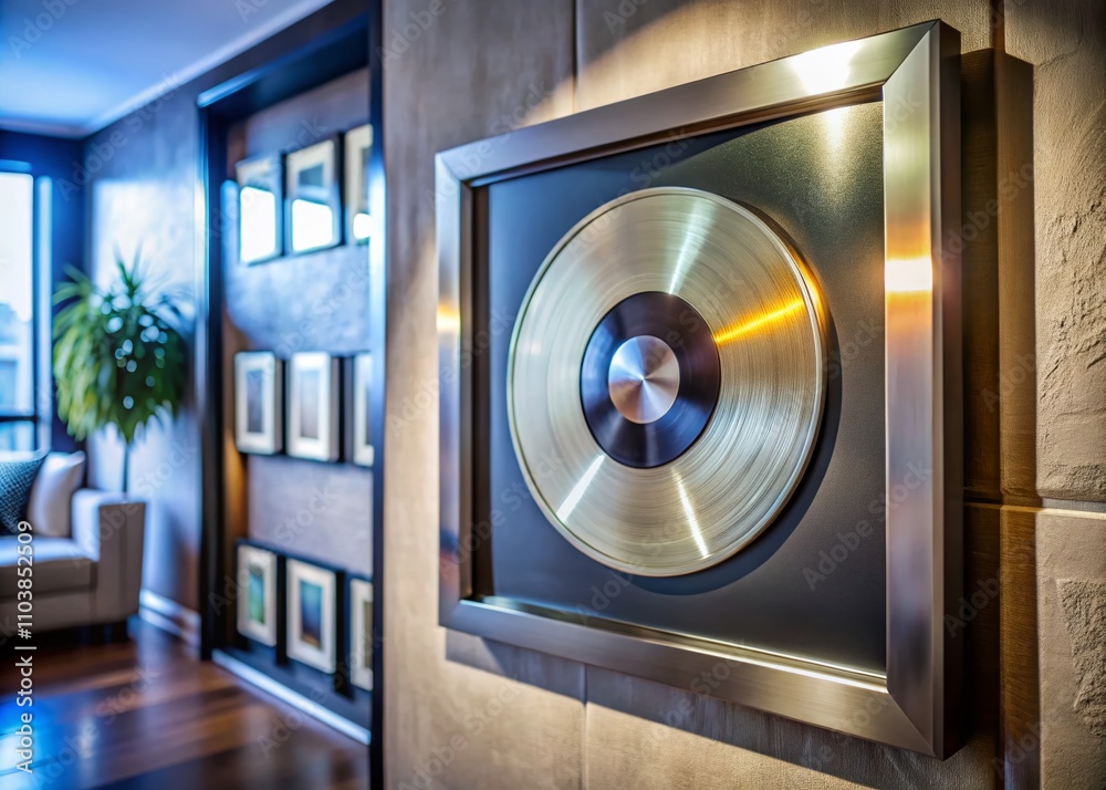 Stunning Platinum Vinyl Framed on a Wall, Showcasing a Beautiful Collection Disc with Ample Copy Space for Customizable Text or Branding in a Modern Interior Setting Stunning Platinum Vinyl Framed on a Wall, Showcasing a Beautiful Collection Disc with Ample Copy Space for Customizable Text or Branding in a Modern Interior Setting