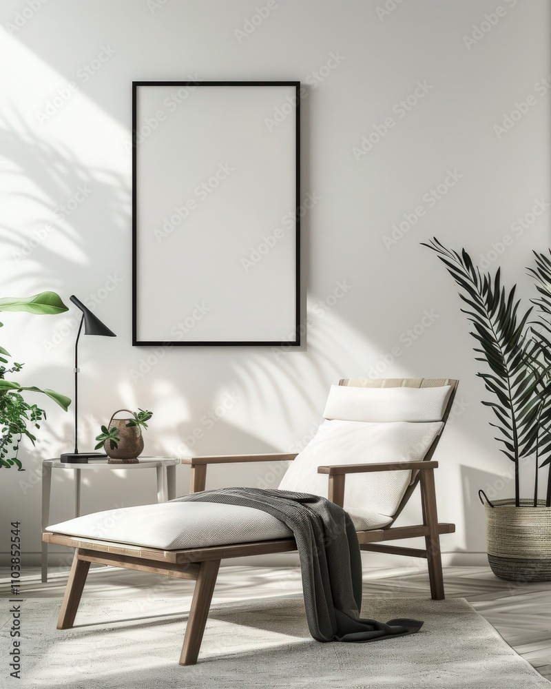 A white armchair with a throw blanket. a side table. and a floor lamp in a minimalistic living room with a blank square frame A white armchair with a throw blanket. a side table. and a floor lamp in a minimalistic living room with a blank square frame