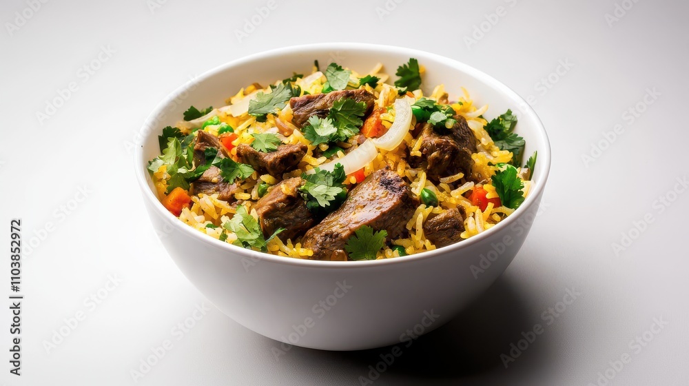 Beautifully Styled Bowl of Mutton Biryani with Fresh Coriander Indian food cuisine Beautifully Styled Bowl of Mutton Biryani with Fresh Coriander Indian food cuisine