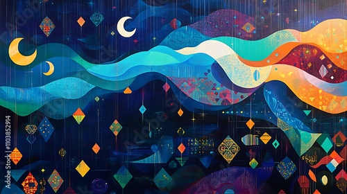 Abstract night sky painting with wavy lines, crescent moons, and geometric shapes. photo