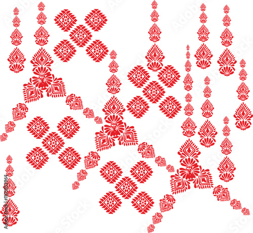 tribal pattern ( Assamese pattern ) of northeast India which is used for textile design in Assam Gamosa , muga silk or other traditional dress. similar to ukrainian pattern or russian pattern.