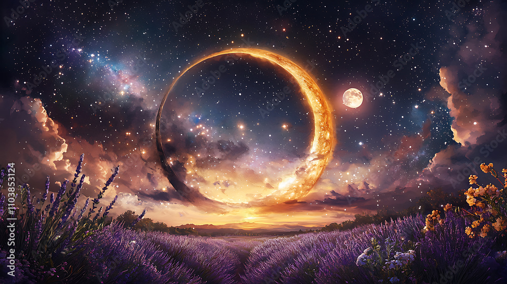 Fototapeta premium stunning watercolor painting of lavender field under starry sky, featuring large crescent moon and smaller moon, creating magical atmosphere