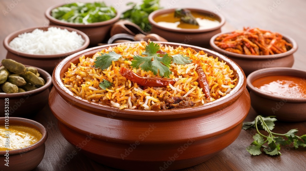 Festive Table Spread Featuring Large Bowl of Biryani with Sides Indian food cuisine Festive Table Spread Featuring Large Bowl of Biryani with Sides Indian food cuisine