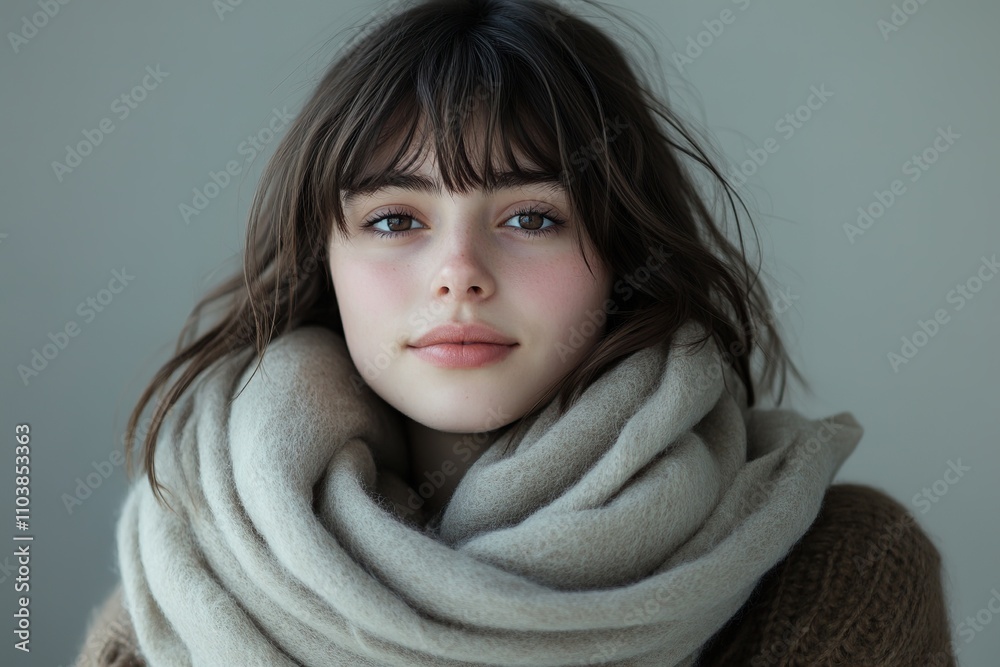 Close-up portrait of young woman with scarf, serene look. Close-up portrait of young woman with scarf, serene look.