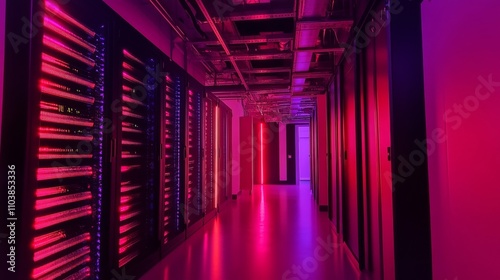 A Vibrant Data Center Corridor, High-Tech Infrastructure in a Futuristic Setting, Glowing Neon Pink and Purple Lights