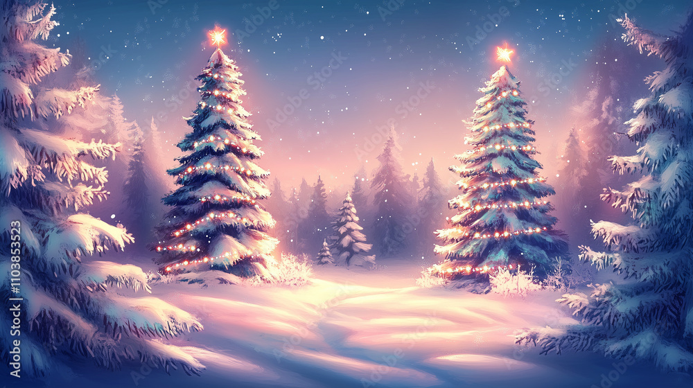  Festive snow-covered landscape with luminous Christmas trees, creating a magical atmosphere ideal for winter holiday celebrations.