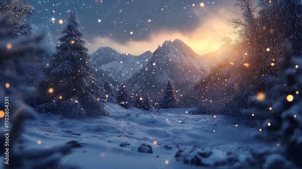 Magical winter wonderland. Snow-covered trees and mountains at sunset. Magical winter wonderland. Snow-covered trees and mountains at sunset.