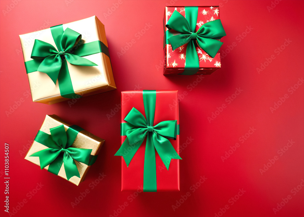Vertical Christmas presents with green bows and festive decorations on a red surface create a cheerful holiday atmosphere instantly. Vertical Christmas presents with green bows and festive decorations on a red surface create a cheerful holiday atmosphere instantly.