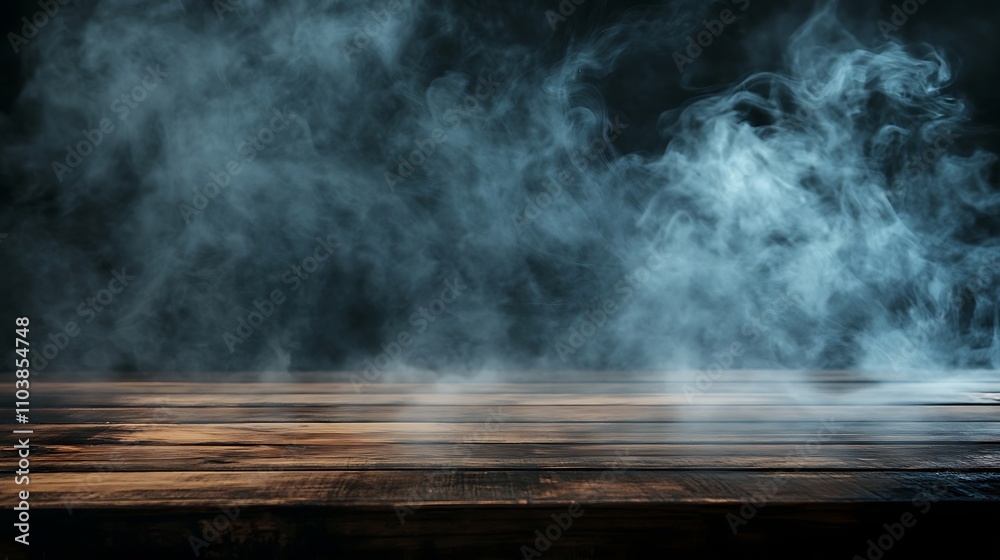 Moody wooden surface with smoky background. Perfect for product display or Halloween theme. Moody wooden surface with smoky background. Perfect for product display or Halloween theme.