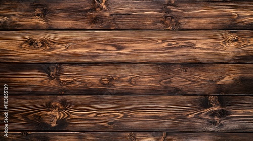 Rich, dark brown wood planks create a rustic texture.