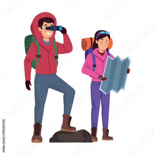 couple backpackers hiking in mountain