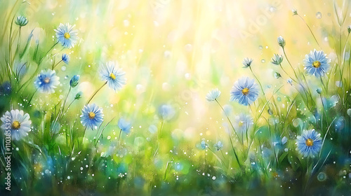 serene watercolor depiction of wildflower meadow filled with delicate blue flowers, illuminated by soft sunlight, creating tranquil and uplifting atmosphere