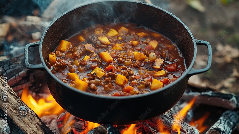A pot of stew simmering over a campfire, with the flames adding a smoky flavor to the dish. A pot of stew simmering over a campfire, with the flames adding a smoky flavor to the dish.