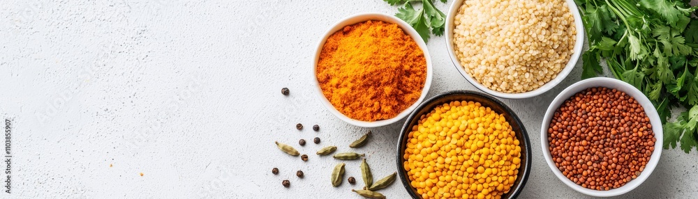 Colorful Spices and Herbs in Bowls with Fresh Green Coriander Leaves Indian food cuisine Colorful Spices and Herbs in Bowls with Fresh Green Coriander Leaves Indian food cuisine