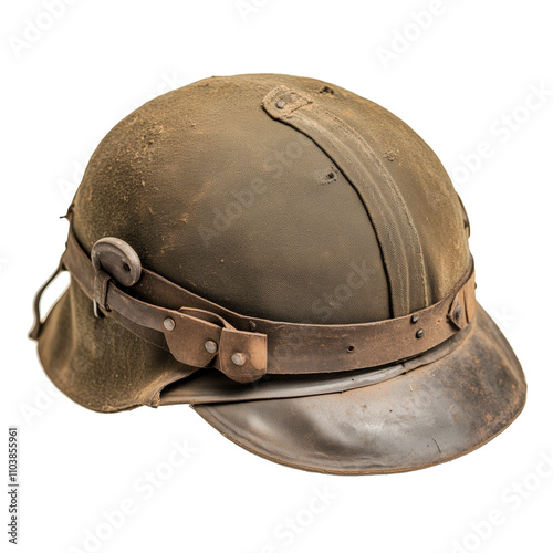 Worn and weathered old hat with a unique design and aged appearance. Old military hat with a cap, PNG file isolated on a background. photo