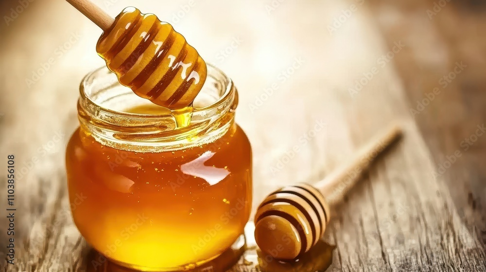 Golden honey dripping from a wooden dipper into a glass jar on a rustic wooden table. Golden honey dripping from a wooden dipper into a glass jar on a rustic wooden table.