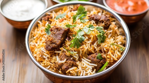 Aromatic Biryani with Spiced Meat and Fresh Herbs in Bowl Indian food cuisine