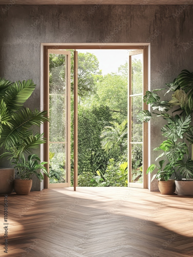 Modern Empty Loft Room with Concrete and Wooden Walls and Tropical Plants - Minimalist loft apartment, concrete walls, wooden floors, large windows, tropical plants, sunlight. Tranquil, modern, natur Modern Empty Loft Room with Concrete and Wooden Walls and Tropical Plants - Minimalist loft apartment, concrete walls, wooden floors, large windows, tropical plants, sunlight. Tranquil, modern, natur