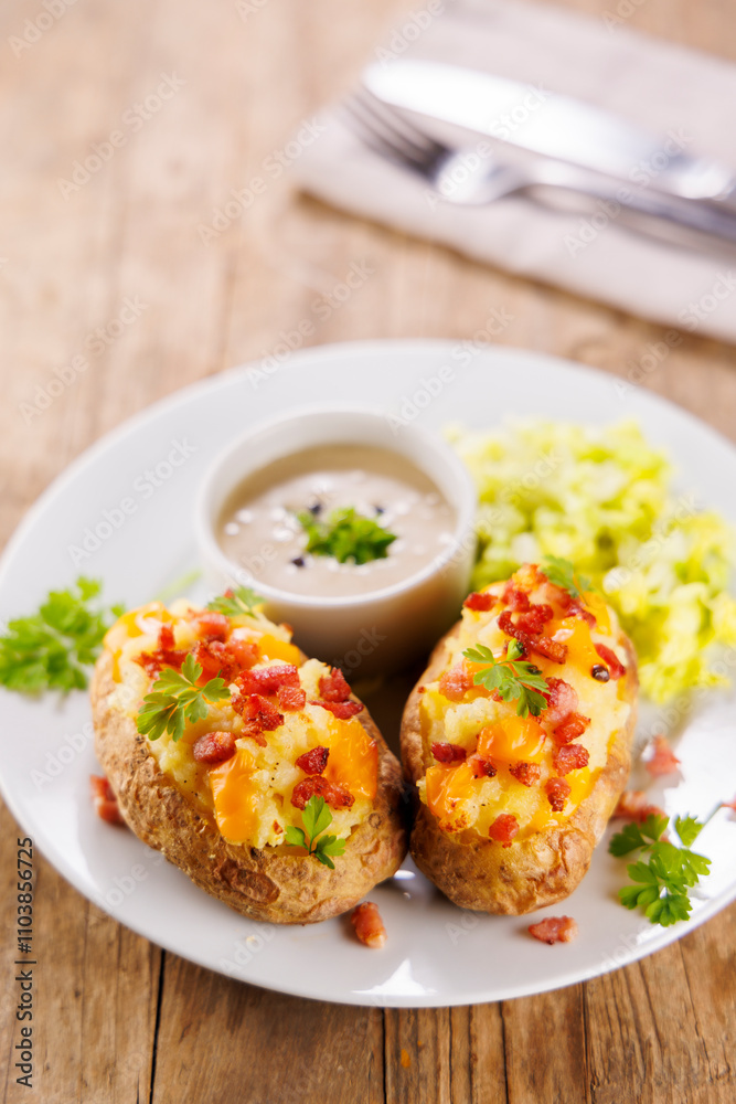 baked potatoes stuffed with cream, cheddar cheese and bacon baked potatoes stuffed with cream, cheddar cheese and bacon