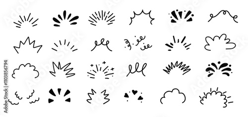 Line confetti elements. Hand drawn confetti explosion burst ray. Doodle spark emphasis ray twinkle.