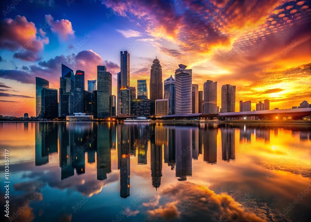 Fototapeta premium Stunning Silhouette Photography of Singapore City Downtown Featuring Iconic Skyscrapers Against a Vibrant Sunset Sky with Reflections on Water, Ideal for Urban Aesthetic and Travel Themes