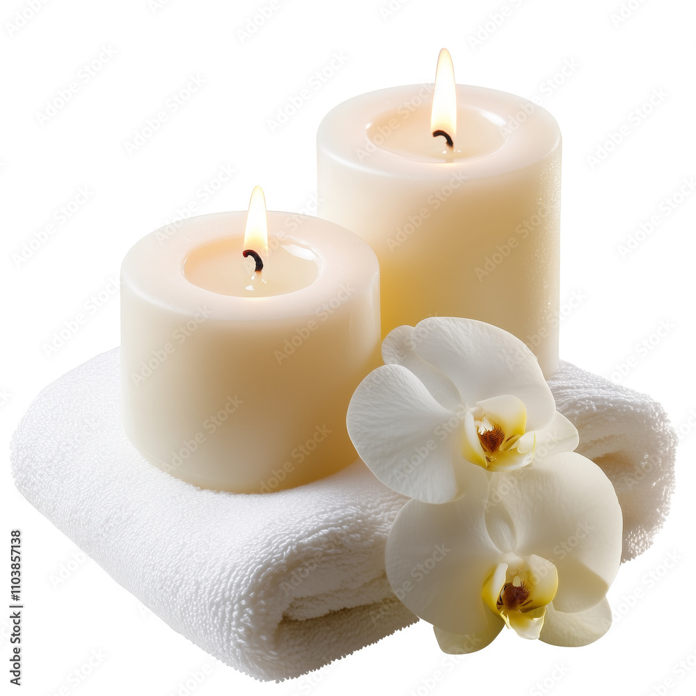 Relaxing spa candles with white towels and orchid flower beside them, PNG isolated on a white and transparent background. Relaxing spa candles with white towels and orchid flower beside them, PNG isolated on a white and transparent background.