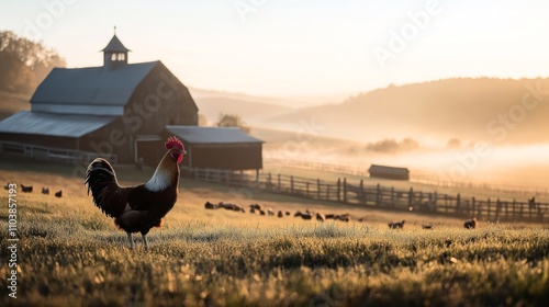 Rooster standing on dewy grass in front of a barn during sunrise on a farm with misty hills in the background