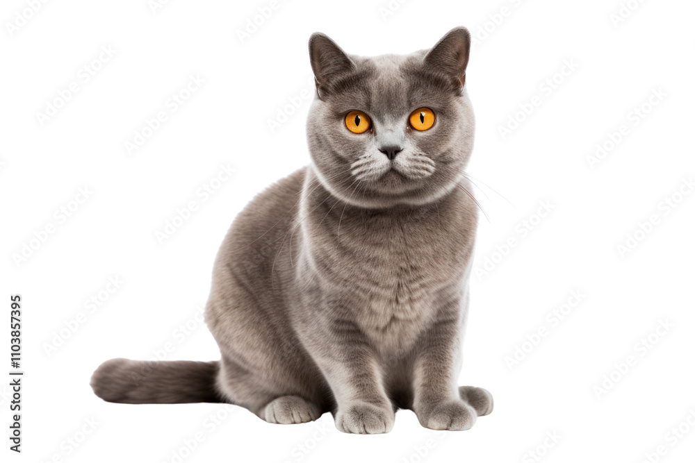 Obraz premium Charming young blue tortie British Shorthair cat positioned sideways, looking directly at the camera with vibrant deep orange eyes. The cat's unique tortoiseshell markings are vividly displayed