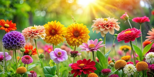 Stunning Summer Blooms: A Captivating Display of Colorful Flowers Against a Lush Green Background Embracing the Beauty of Nature in Full Bloom During the Warm Season