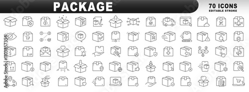 Big set of package related line icons. Delivery, parcel, box, cargo etc. Editable stroke