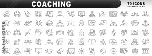 Big set of coaching related line icons. Training, mentoring, leadership, workshop etc. Editable stroke