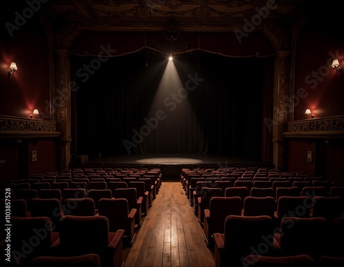 Empty theater auditorium with spotlight on stage and red velvet seats