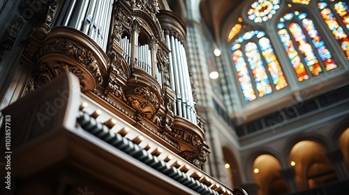 Ornate organ in a cathedral with stained glass windows.