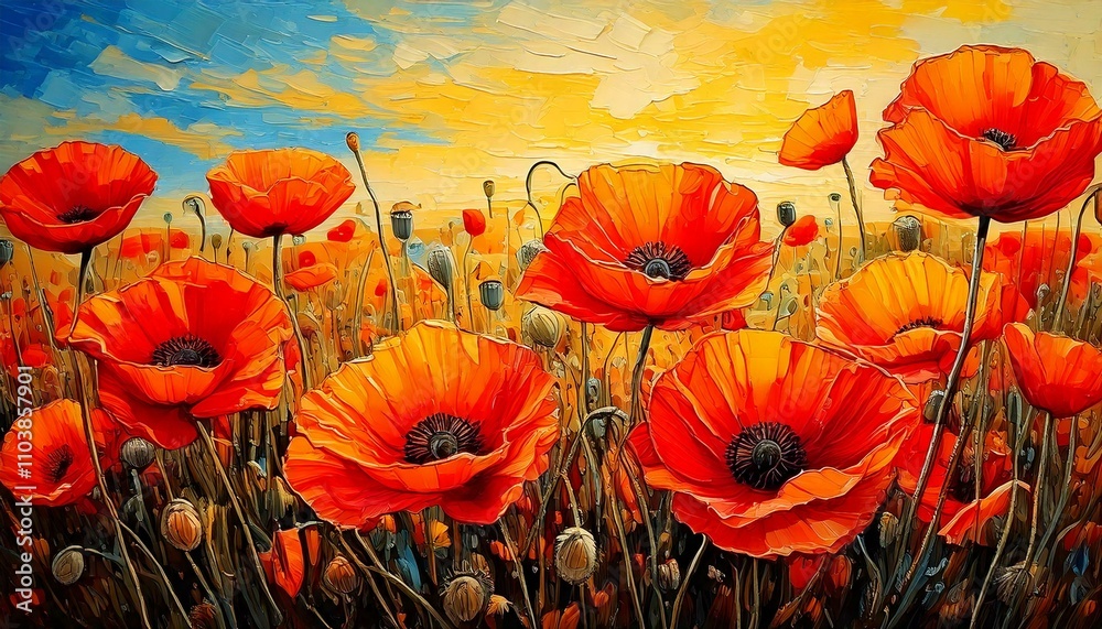 Obraz premium Poppies in the field oil painting art orange red poppy flowers closeup close up close-up