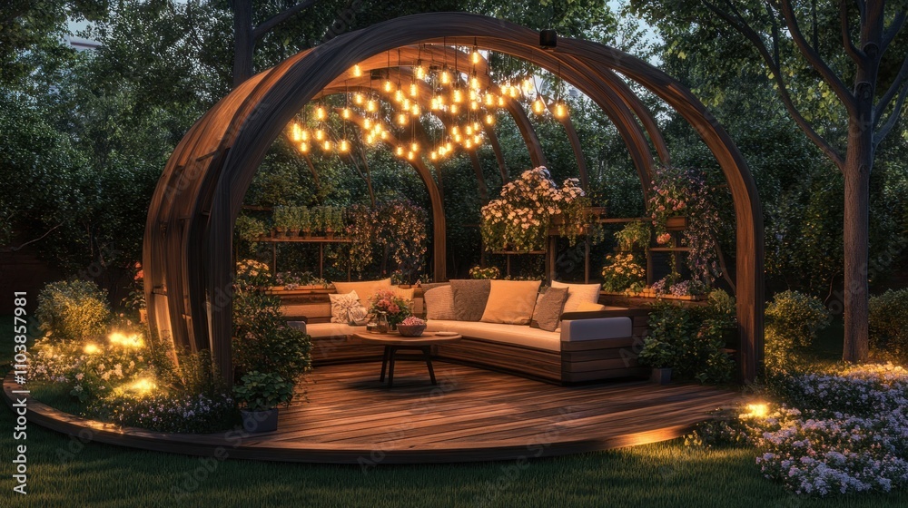 Obraz premium Romantic garden gazebo with lights at night.