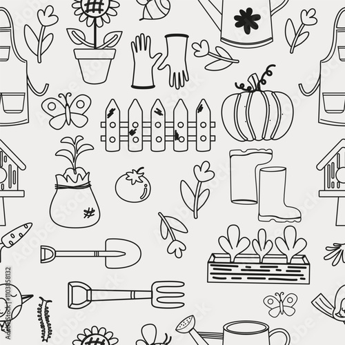 Seamless outline pattern gardening hand drawn