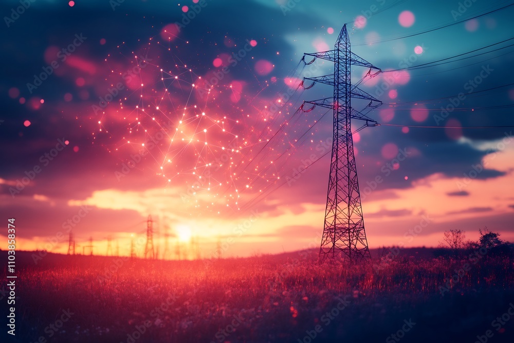 Naklejka premium Energy distribution AI visualized in an infographic illustrating how artificial intelligence optimizes the flow of electricity across grids reducing losses and enhancing reliability