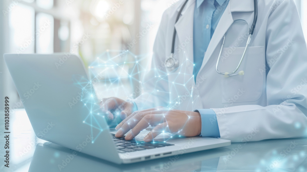 close up of a female doctor working on a laptop close up of a female doctor working on a laptop