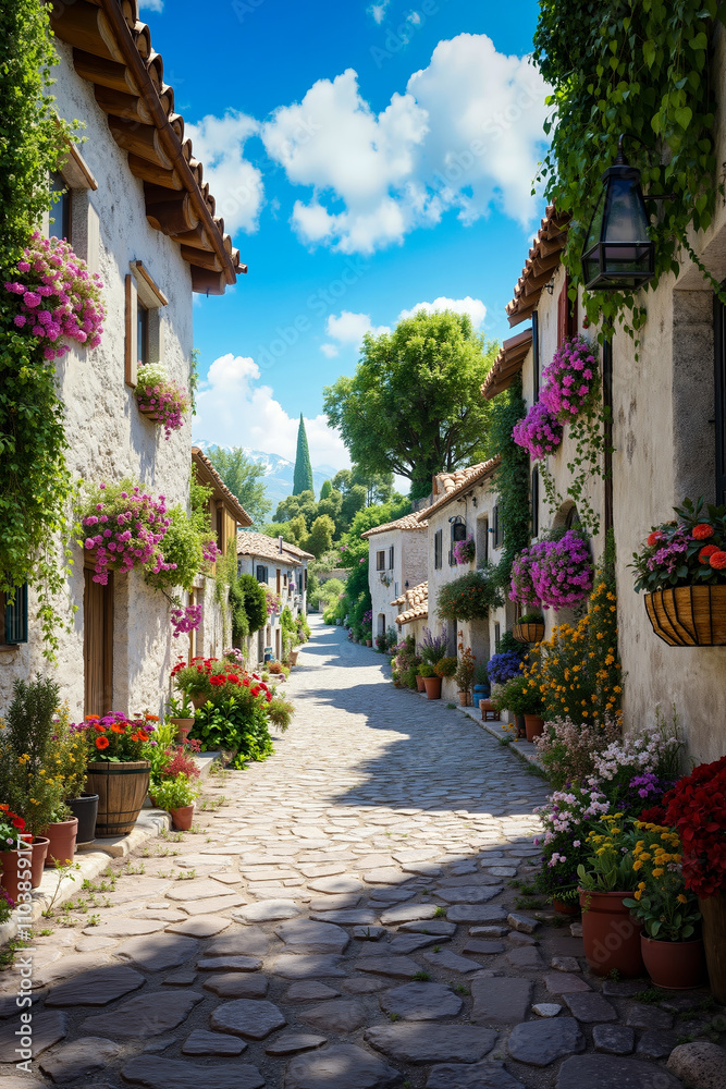 A cobblestone street lined with potted plants and flowers A cobblestone street lined with potted plants and flowers