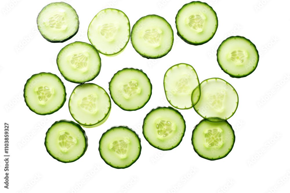 An assortment of cucumber slices with varying thicknesses, revealing the rich green hues and seed patterns, isolated on a clean white background for a fresh look. An assortment of cucumber slices with varying thicknesses, revealing the rich green hues and seed patterns, isolated on a clean white background for a fresh look.