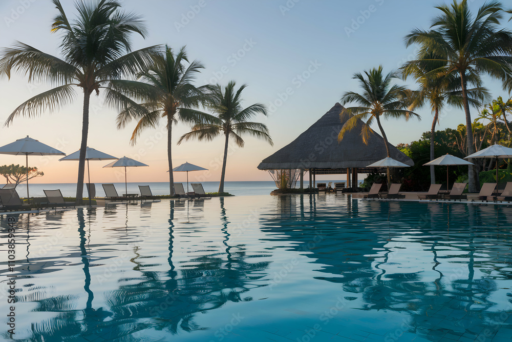 Fototapeta premium Resort pool reflecting skies, framed by loungers, umbrellas, and palm trees