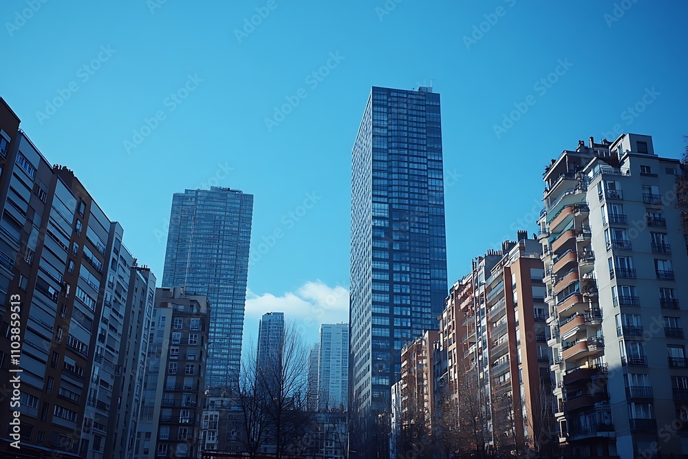 Elevated City View Sunlight on Vertical Lines, Clear Sky Elevated City View Sunlight on Vertical Lines, Clear Sky