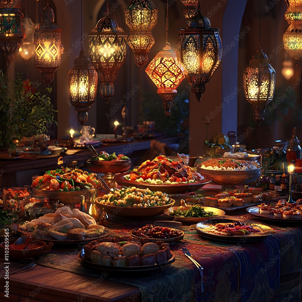 Lavish Middle Eastern feast with ornate lanterns and diverse dishes. Lavish Middle Eastern feast with ornate lanterns and diverse dishes.