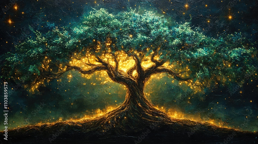 A luminous tree stands against a starry backdrop, radiating warmth and tranquility. A luminous tree stands against a starry backdrop, radiating warmth and tranquility.