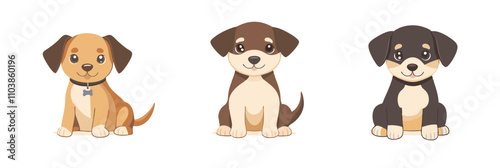 Cute cartoon dogs, three adorable puppies with different fur colors and patterns, friendly expressions, sitting on white background, vector illustration, isolated, flat