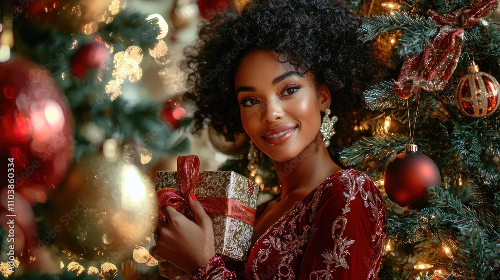 Holiday Magic: A stunning woman with a joyful expression, dressed in elegant attire, standing beside a lavishly decorated Christmas tree while holding a lovely gift. Holiday Magic: A stunning woman with a joyful expression, dressed in elegant attire, standing beside a lavishly decorated Christmas tree while holding a lovely gift.