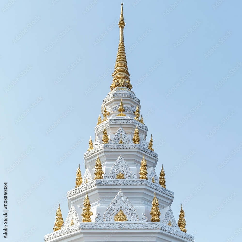 Naklejka premium Ornate white and gold tiered pagoda spire.