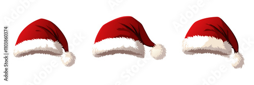 Santa hats collection, three red hats with white fur trim and pom-poms, festive holiday accessories, vector illustration, isolated, flat