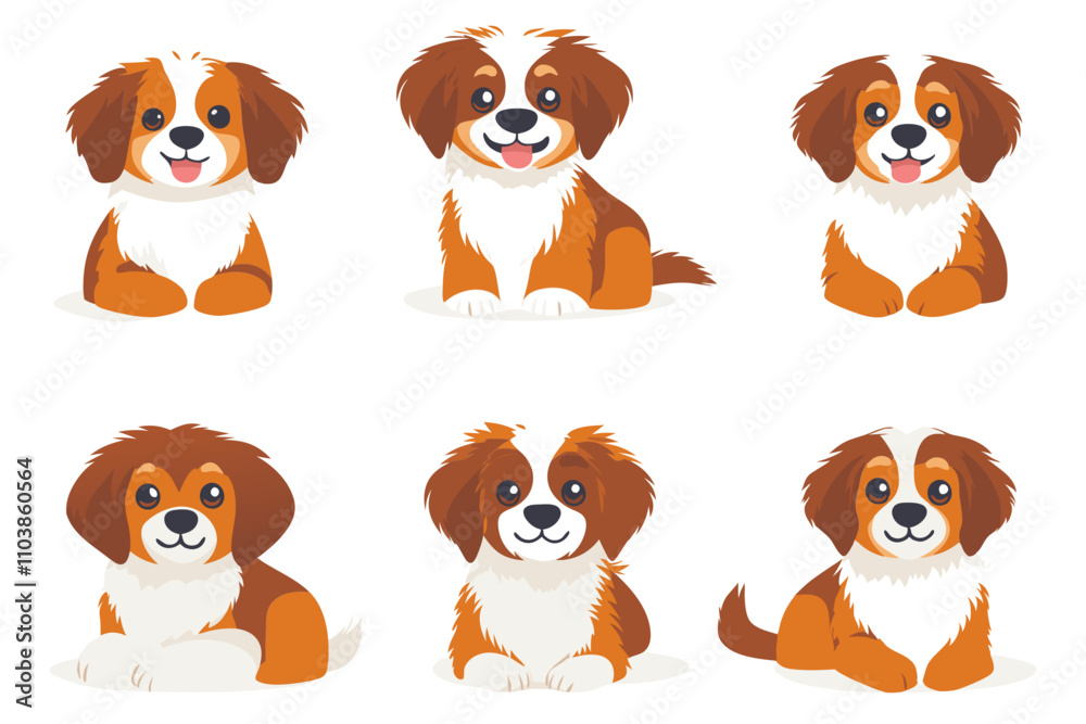 Cute cartoon dogs, six adorable dog illustrations with varying expressions and poses, featuring fluffy fur and bright eyes., vector illustration, isolated, flat Cute cartoon dogs, six adorable dog illustrations with varying expressions and poses, featuring fluffy fur and bright eyes., vector illustration, isolated, flat
